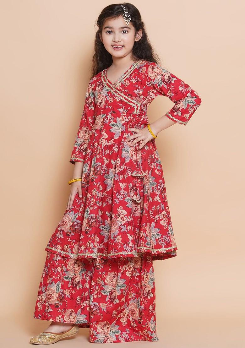 Red Girls Floral Printed V Neck Angrakha Pure Cotton Kurta With Sharara