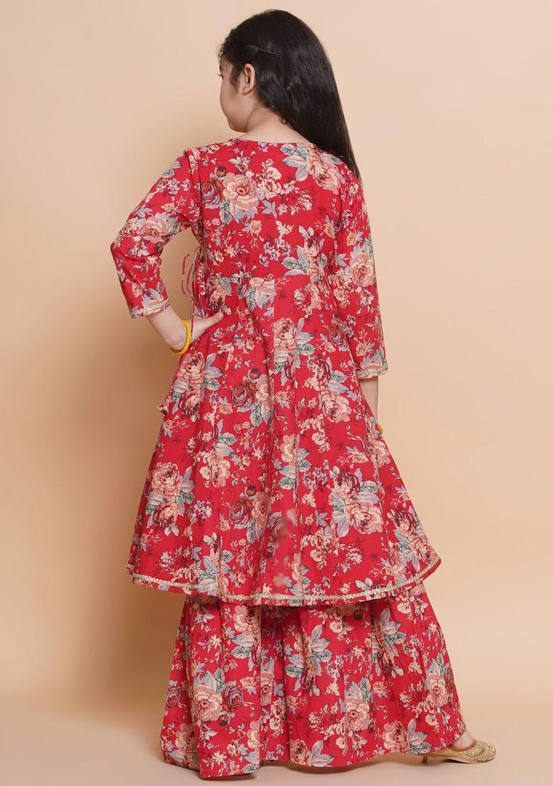 Red Girls Floral Printed V Neck Angrakha Pure Cotton Kurta With Sharara