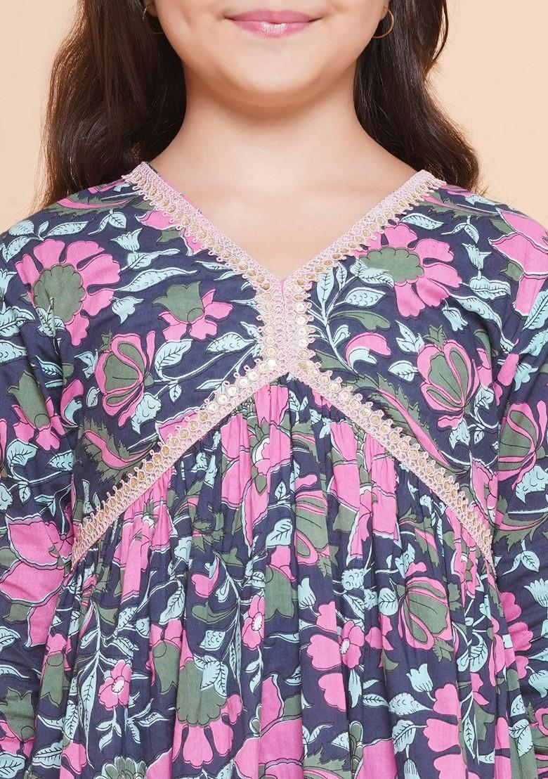 Blue Girls Floral Printed Empire Gotta Patti Pure Cotton Kurta With Palazzos