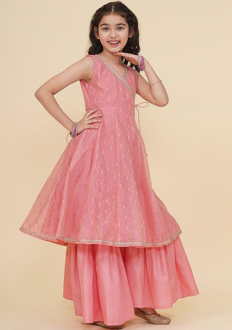 Peach Girls Ethnic Motifs Embroidered Angrakha Gotta Patti Kurta With Sharara