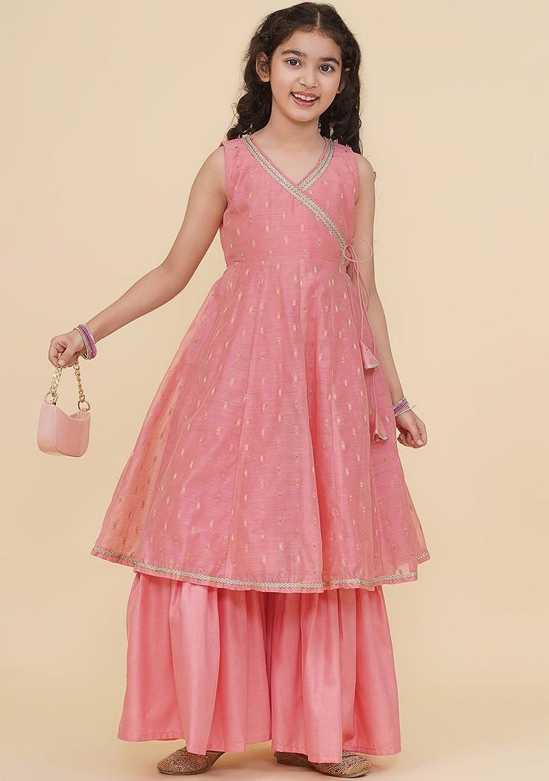 Peach Girls Ethnic Motifs Embroidered Angrakha Gotta Patti Kurta With Sharara