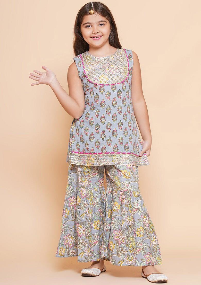Grey Girls Ethnic Motifs Printed Gotta Patti Pure Cotton Kurta With Sharara