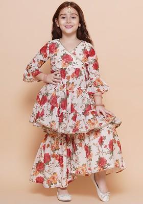Off White Girls Floral Printed Angrakha Gotta Patti Anarkali Kurta With Sharara