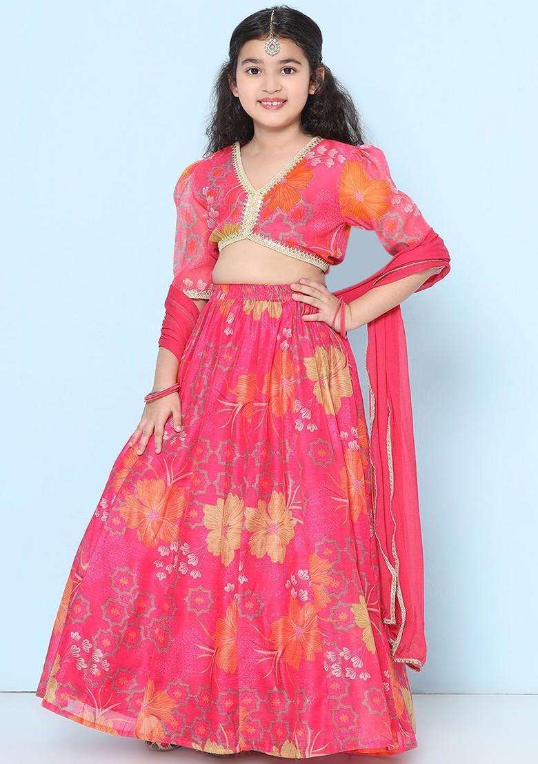 Pink Girls Printed Puffed Sleeves Ready To Wear Lehenga And Blouse With Dupatta