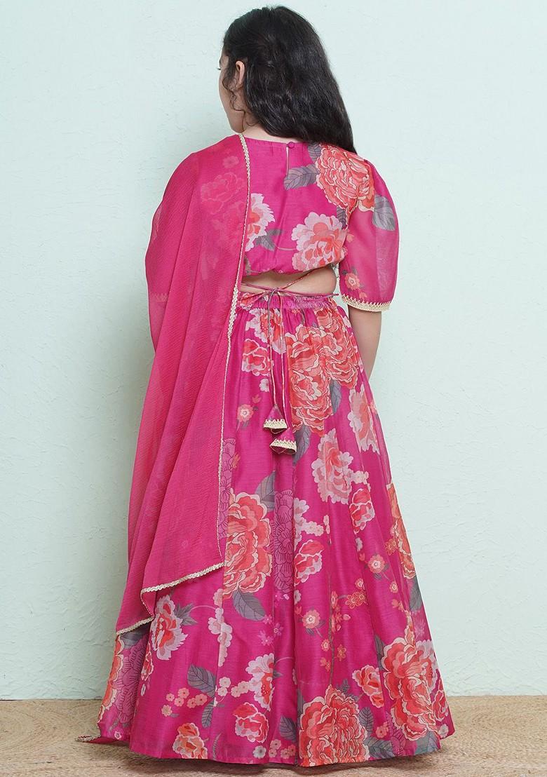 Pink Girls Printed Gotta Patti Ready To Wear Lehenga And Blouse With Dupatta
