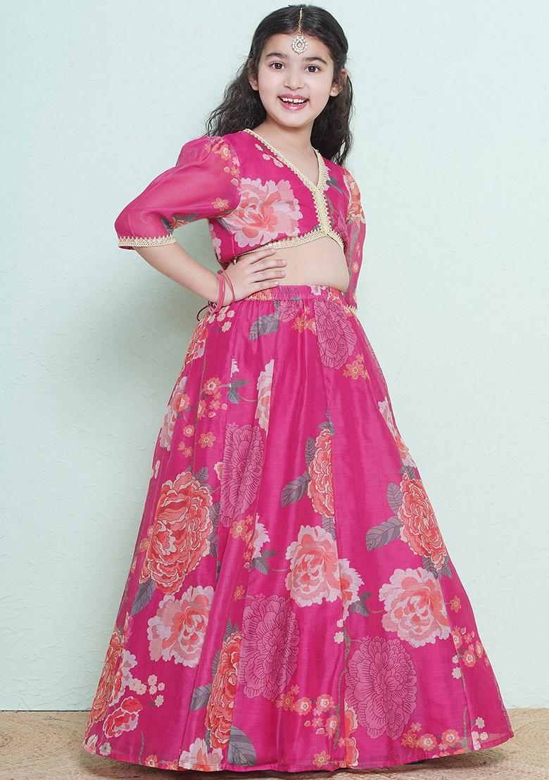 Pink Girls Printed Gotta Patti Ready To Wear Lehenga And Blouse With Dupatta