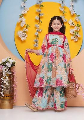 Sea Green Girls Floral Printed Regular Gotta Patti Kurta With Sharara And With Dupatta