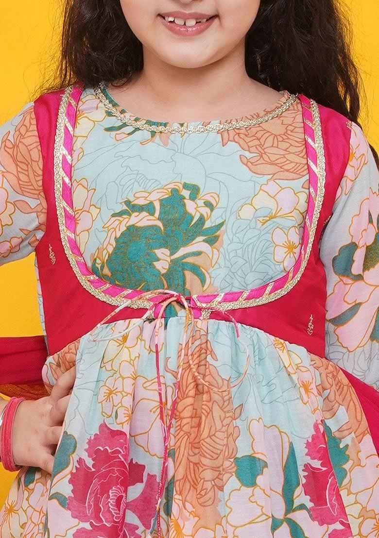 Sea Green Girls Floral Printed Regular Gotta Patti Kurta With Sharara And With Dupatta