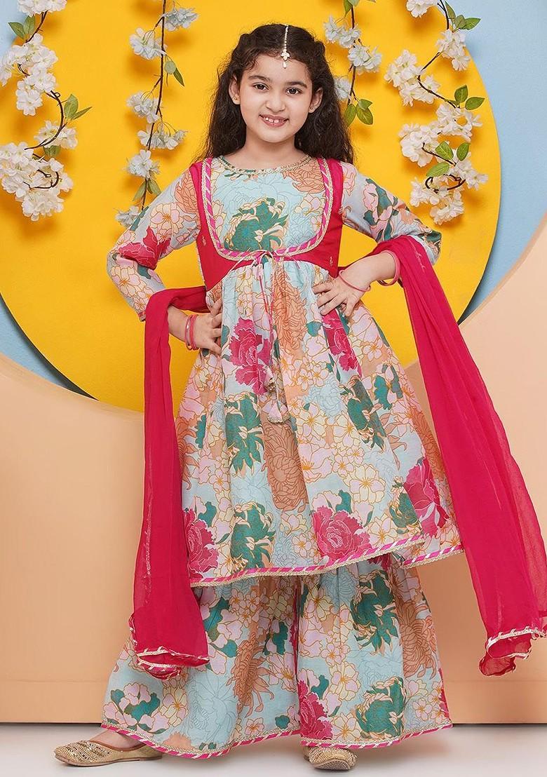 Sea Green Girls Floral Printed Regular Gotta Patti Kurta With Sharara And With Dupatta