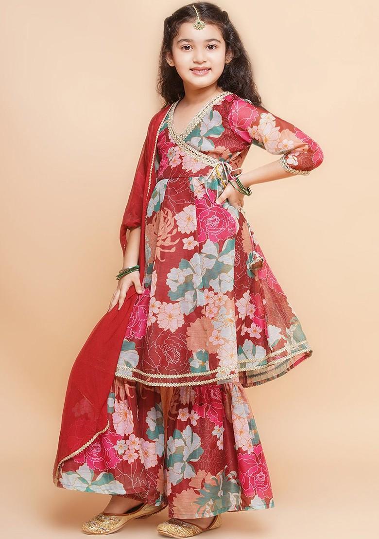 Maroon Girls Floral Printed Angrakha Gotta Patti Kurta And Sharara With Dupatta