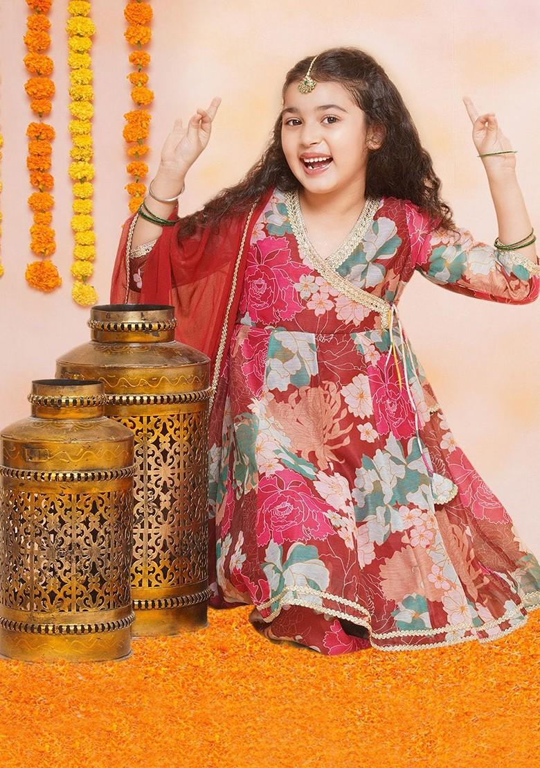 Maroon Girls Floral Printed Angrakha Gotta Patti Kurta And Sharara With Dupatta