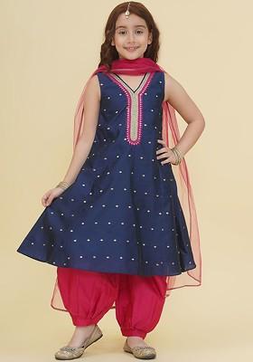 Navy Blue Girls Ethnic Motifs Empire Gotta Patti Kurta With Salwar And With Dupatta