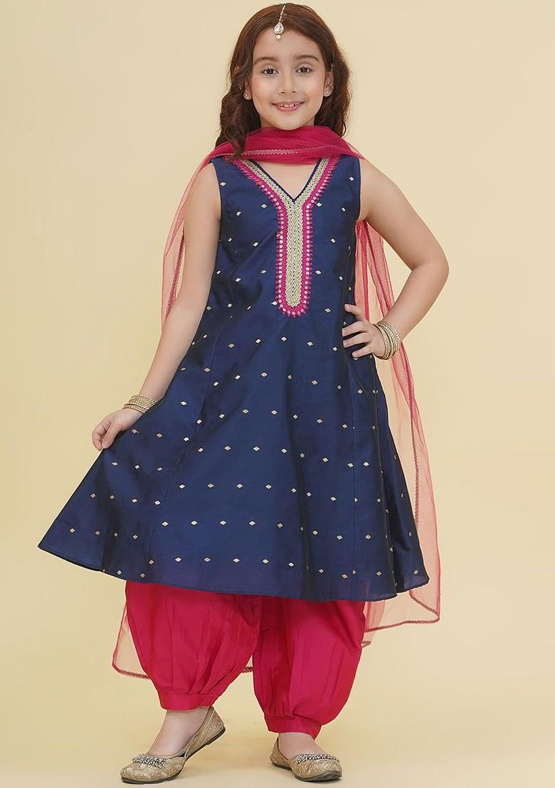 Navy Blue Girls Ethnic Motifs Empire Gotta Patti Kurta With Salwar And With Dupatta
