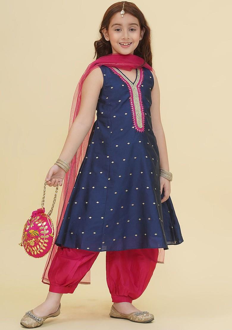 Navy Blue Girls Ethnic Motifs Empire Gotta Patti Kurta With Salwar And With Dupatta