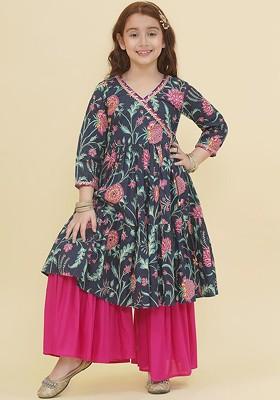 Blue Girls Ethnic Motifs Printed Angrakha Gotta Patti Pure Cotton Kurta With Sharara