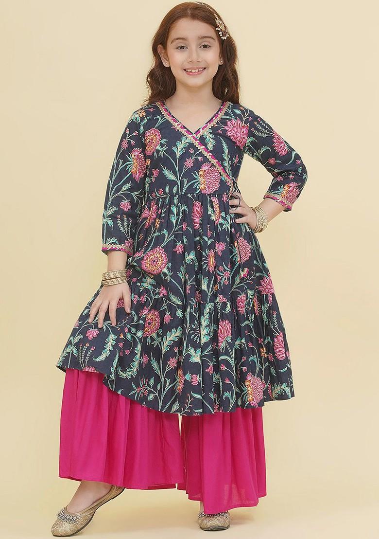 Blue Girls Ethnic Motifs Printed Angrakha Gotta Patti Pure Cotton Kurta With Sharara