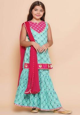 Sea Green Girls Ethnic Motifs Printed Empire Gotta Patti Kurti With Sharara And With Dupatta