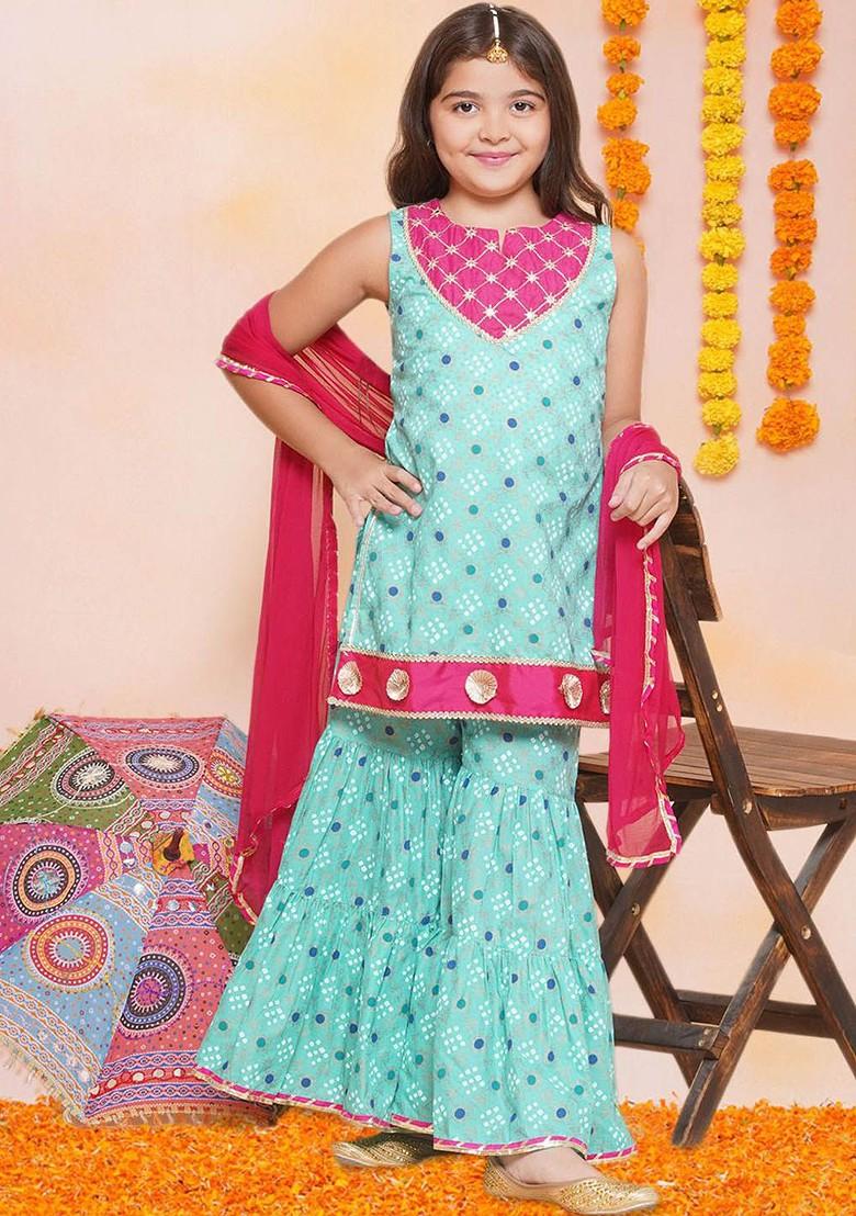 Sea Green Girls Ethnic Motifs Printed Empire Gotta Patti Kurti With Sharara And With Dupatta