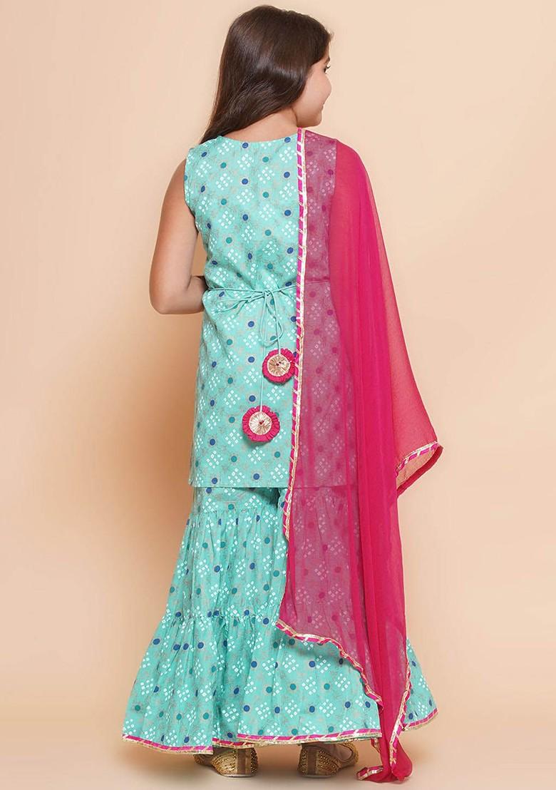 Sea Green Girls Ethnic Motifs Printed Empire Gotta Patti Kurti With Sharara And With Dupatta
