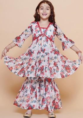 Off White Girls Floral Printed Empire A Line Kurta With Sharara