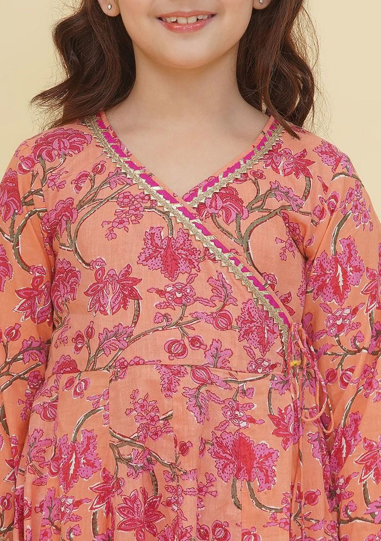 Peach Girls Ethnic Motifs Printed Angrakha Gotta Patti Pure Cotton Kurta With Sharara