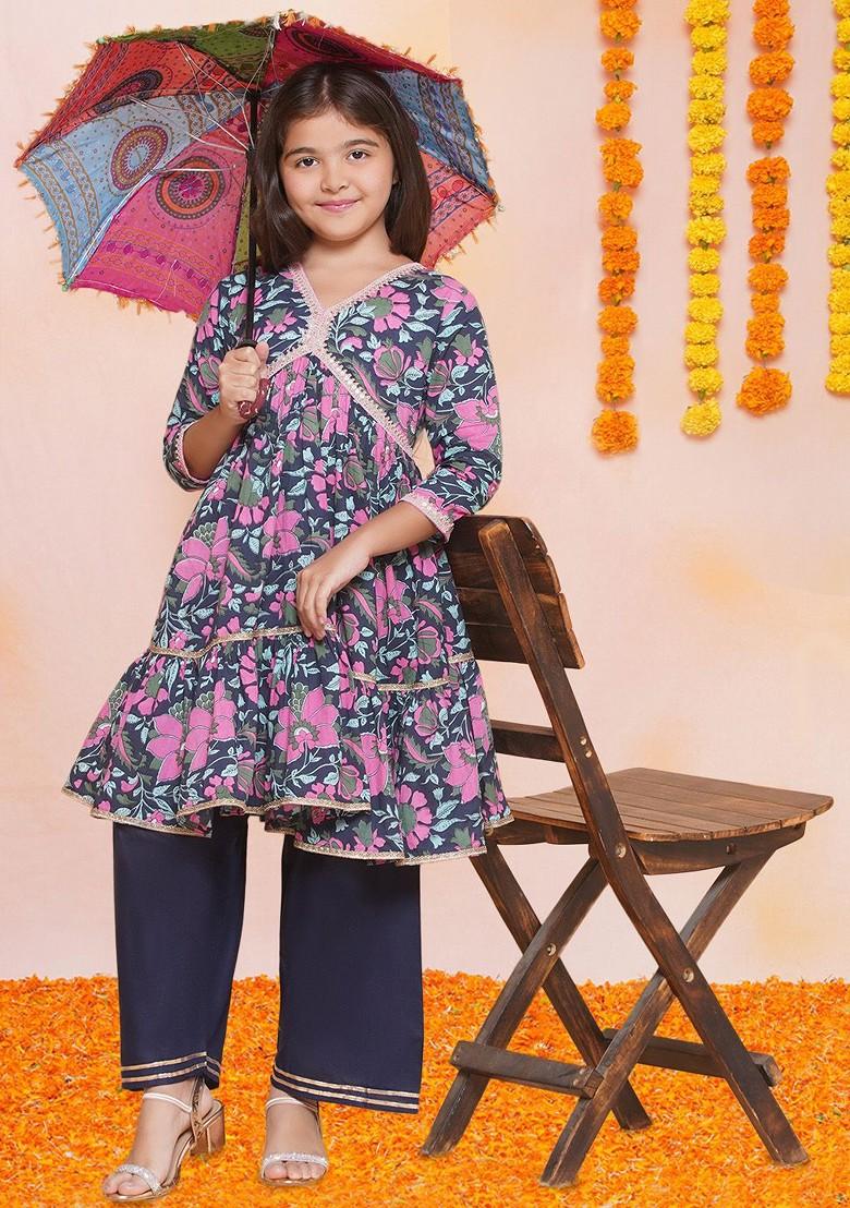 Blue Girls Floral Printed Cotton Kurta With Palazzos