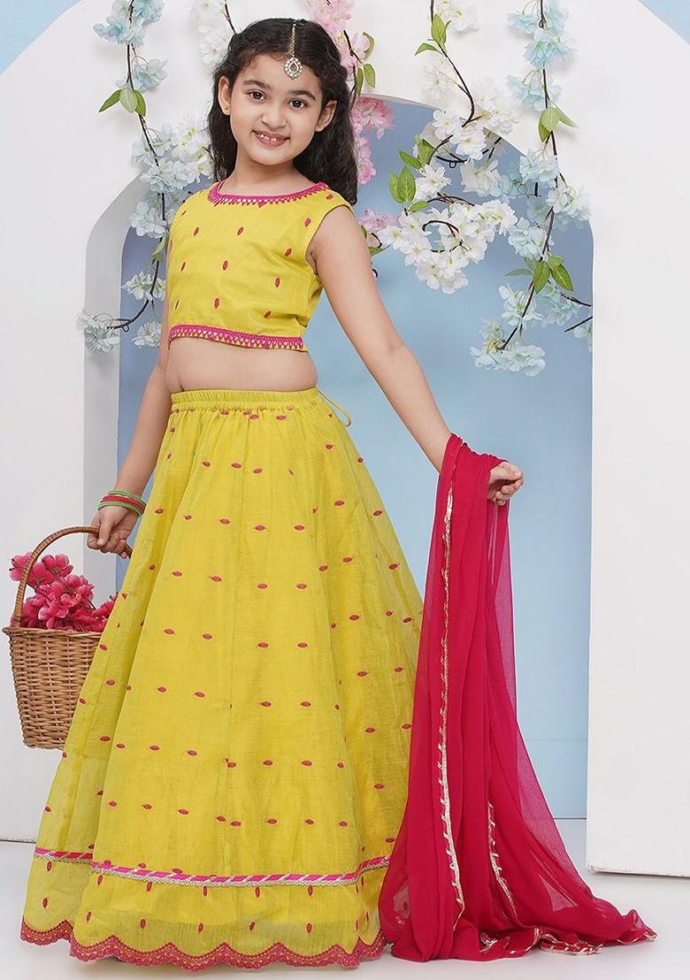 Lime Green Girls Floral Embroidered Ready To Wear Lehenga And Blouse With Dupatta