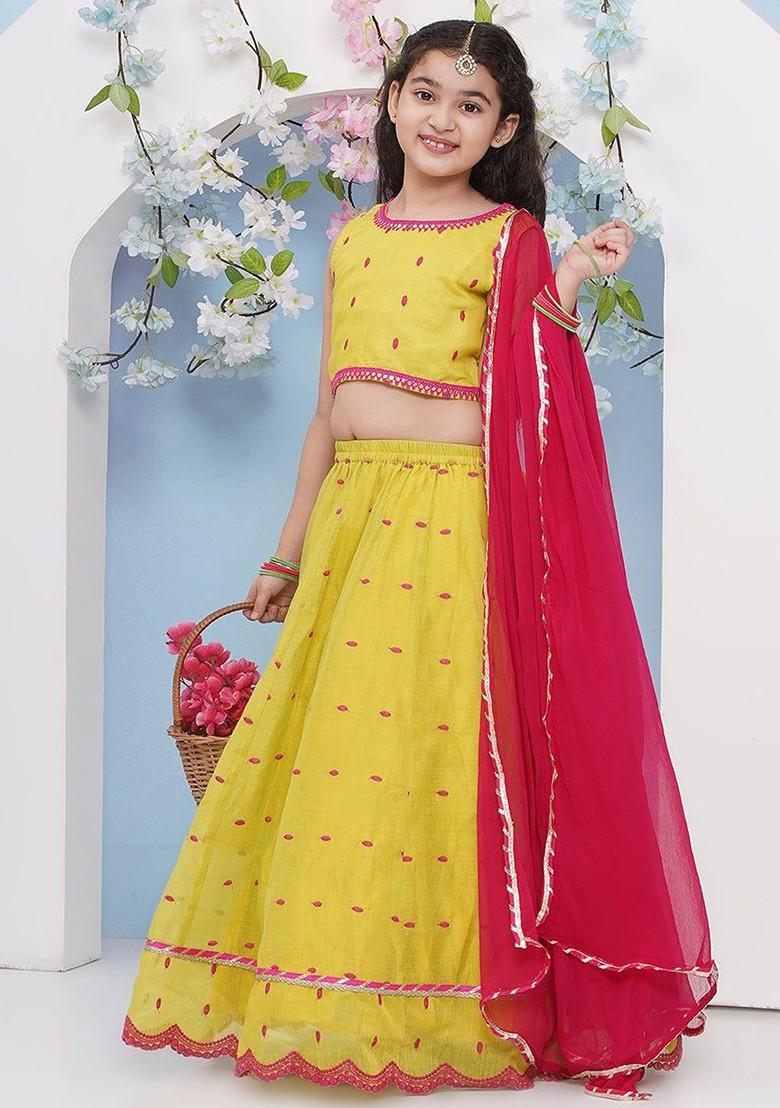 Lime Green Girls Floral Embroidered Ready To Wear Lehenga And Blouse With Dupatta