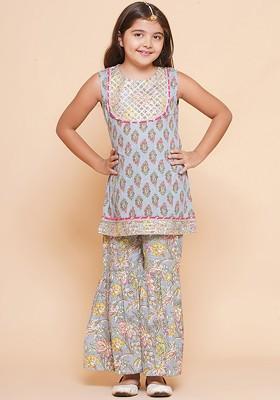Grey Girls Ethnic Motifs Printed Regular Gotta Patti Pure Cotton Kurta With Sharara