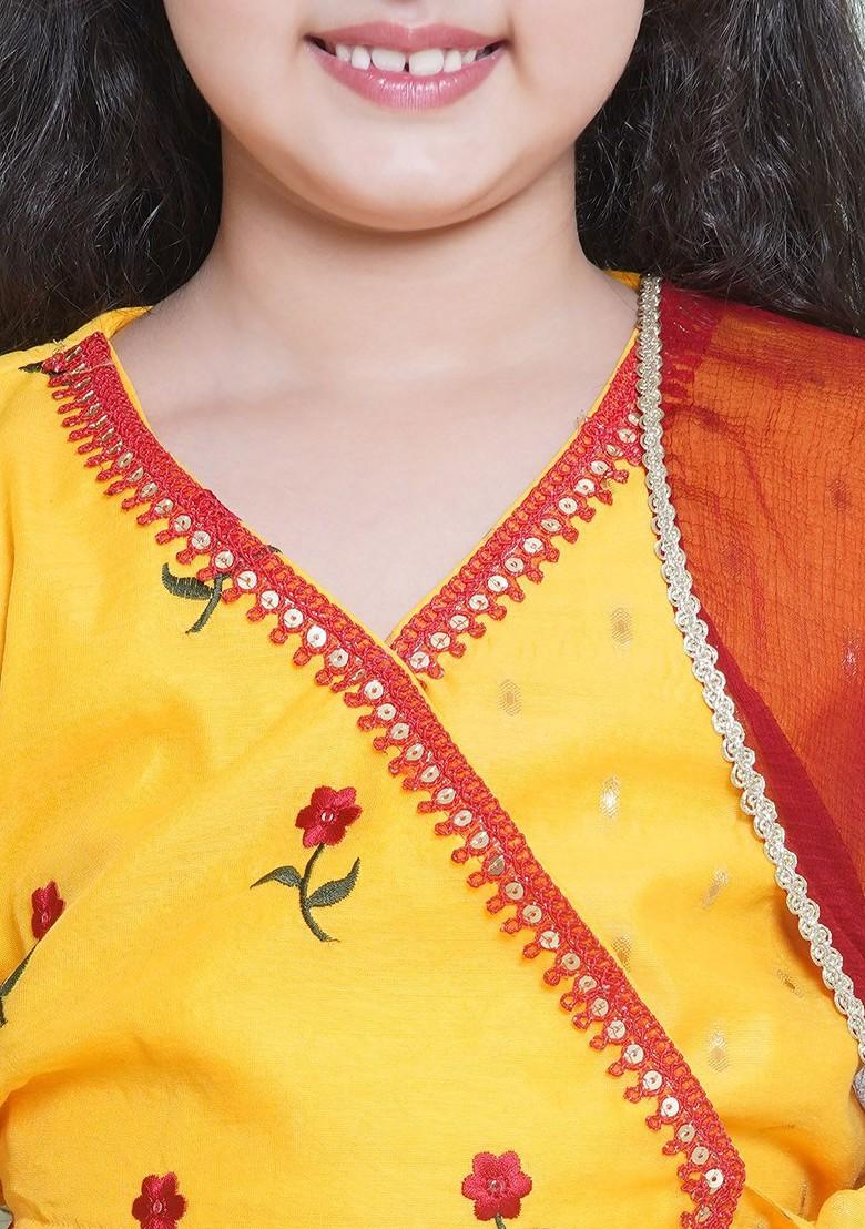 Yellow Girls Embroidered Sequinned Ready To Wear Lehenga And Blouse With Dupatta