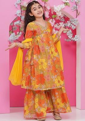 Yellow Girls Floral Printed Empire Gotta Patti Kurta With Sharara And With Dupatta