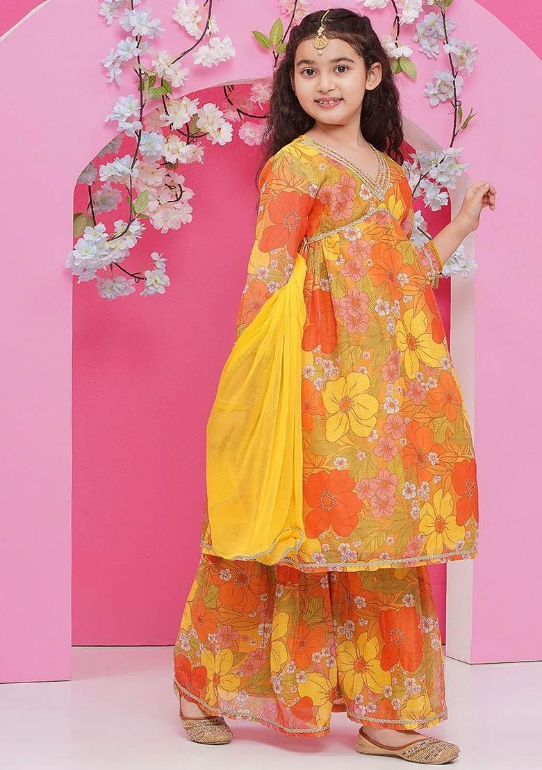 Yellow Girls Floral Printed Empire Gotta Patti Kurta With Sharara And With Dupatta