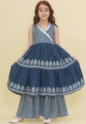 Blue Girls Printed Angrakha Gotta Patti Pure Cotton Kurta With Sharara