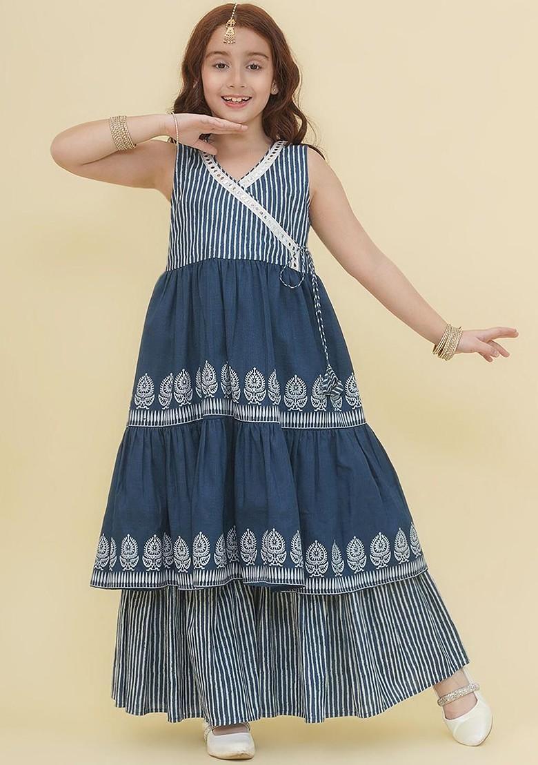 Blue Girls Printed Angrakha Gotta Patti Pure Cotton Kurta With Sharara