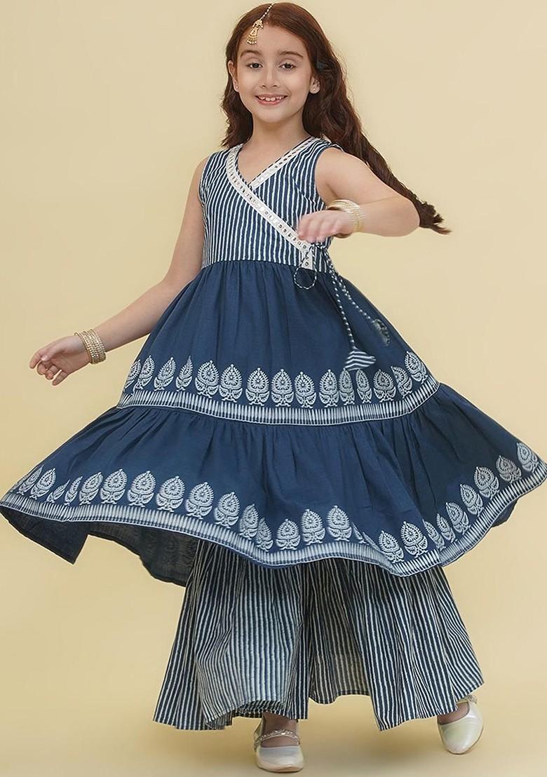 Blue Girls Printed Angrakha Gotta Patti Pure Cotton Kurta With Sharara