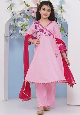 Pink Girls Floral Embroidered Sequinned Anarkali Kurta With Trouser And Dupatta