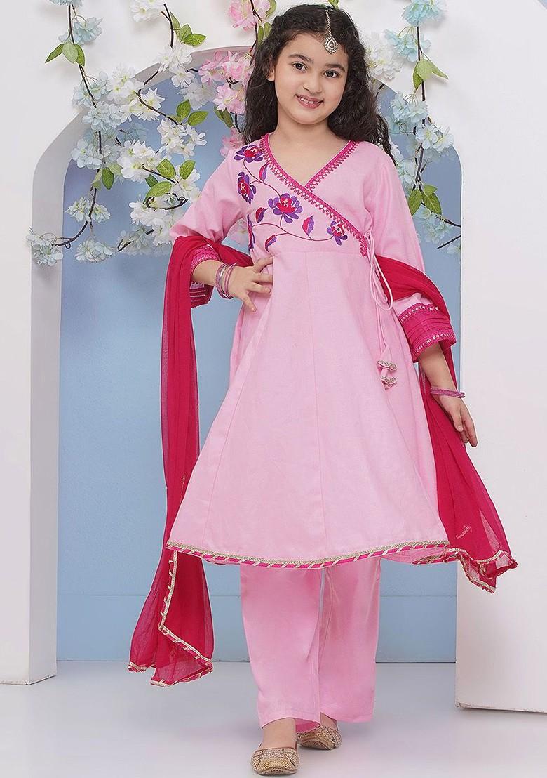 Pink Girls Floral Embroidered Sequinned Anarkali Kurta With Trouser And Dupatta