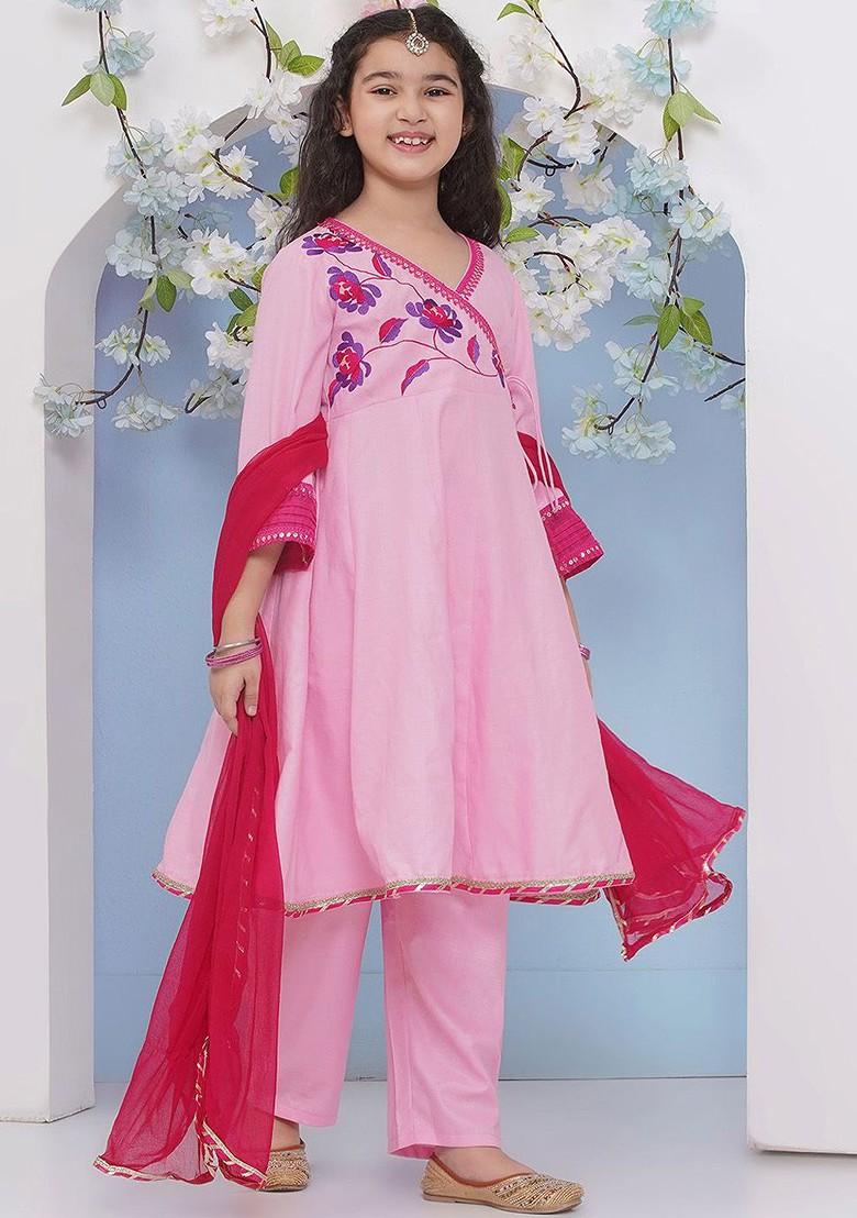 Pink Girls Floral Embroidered Sequinned Anarkali Kurta With Trouser And Dupatta