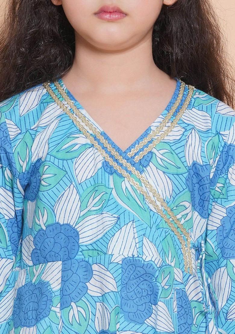 Blue Girls Floral Printed V Neck Gotta Patti Pure Cotton Kurta With Sharara