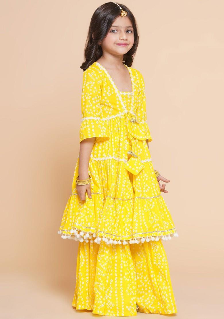 Yellow Girls Bandhani Printed Empire Pure Cotton Kurta With Sharara