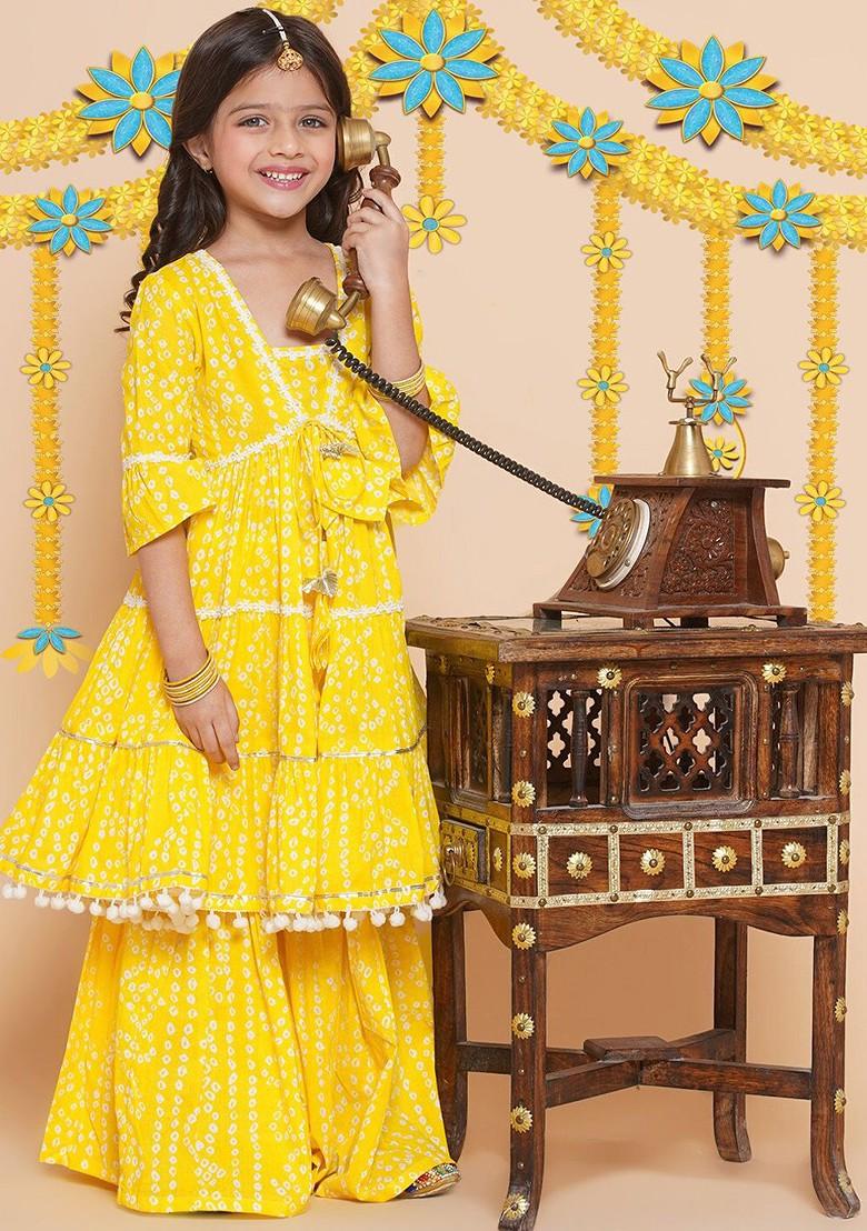 Yellow Girls Bandhani Printed Empire Pure Cotton Kurta With Sharara