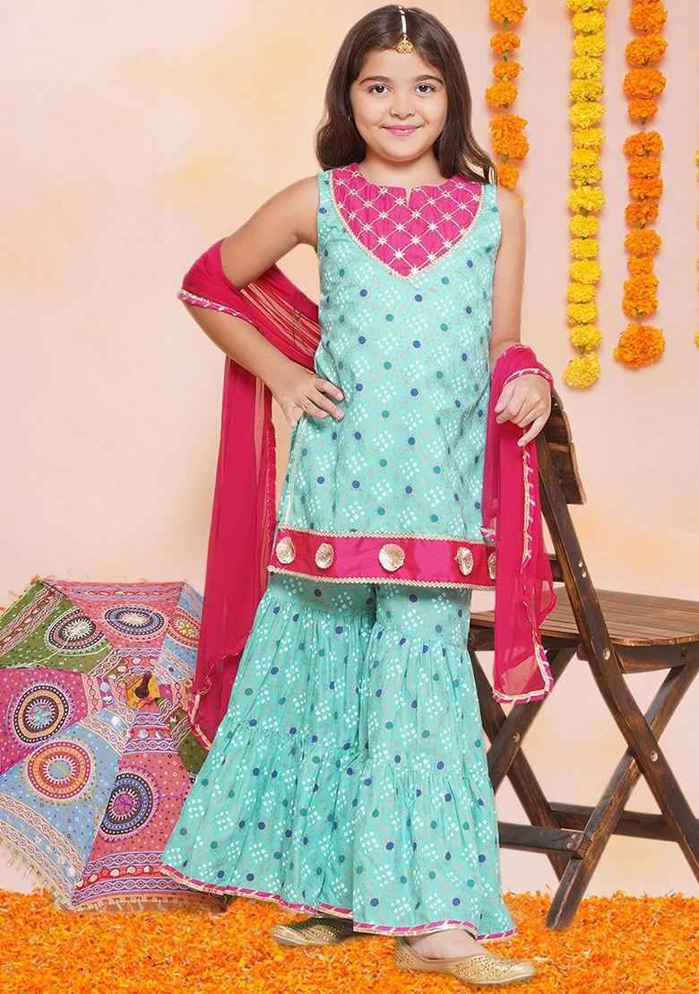 Sea Green Girls Ethnic Motifs Printed Gotta Patti Straight Kurti Set