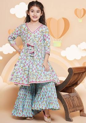 Blue Girls Floral Printed Cotton Kurta With Sharara