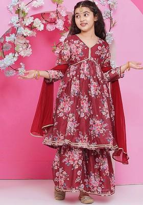 Maroon Girls Floral Printed Empire Gotta Patti Kurta With Sharara And With Dupatta