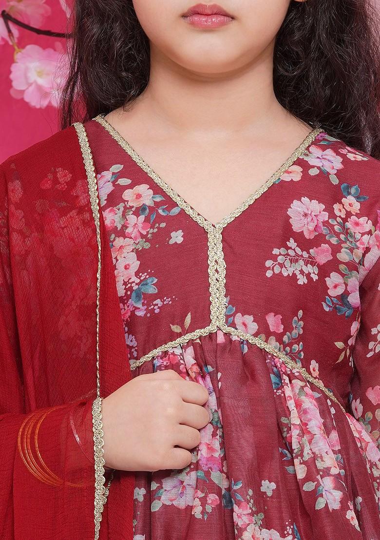 Maroon Girls Floral Printed Empire Gotta Patti Kurta With Sharara And With Dupatta