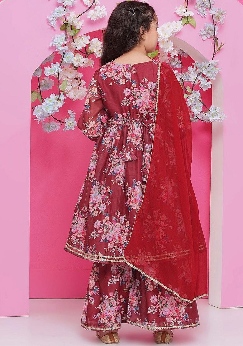 Maroon Girls Floral Printed Empire Gotta Patti Kurta With Sharara And With Dupatta