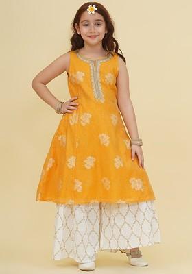 Yellow Girls Ethnic Motifs Empire Gotta Patti Kurta With Sharara