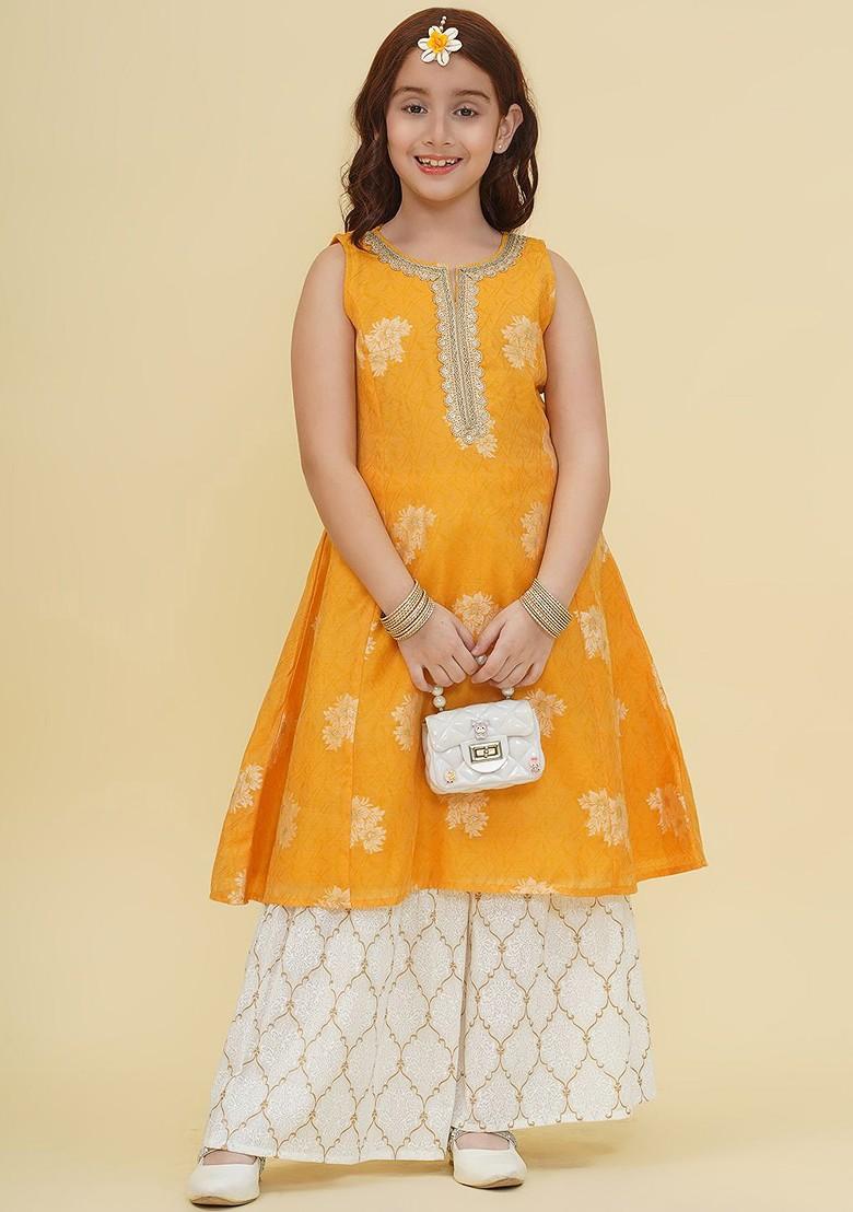 Yellow Girls Ethnic Motifs Empire Gotta Patti Kurta With Sharara