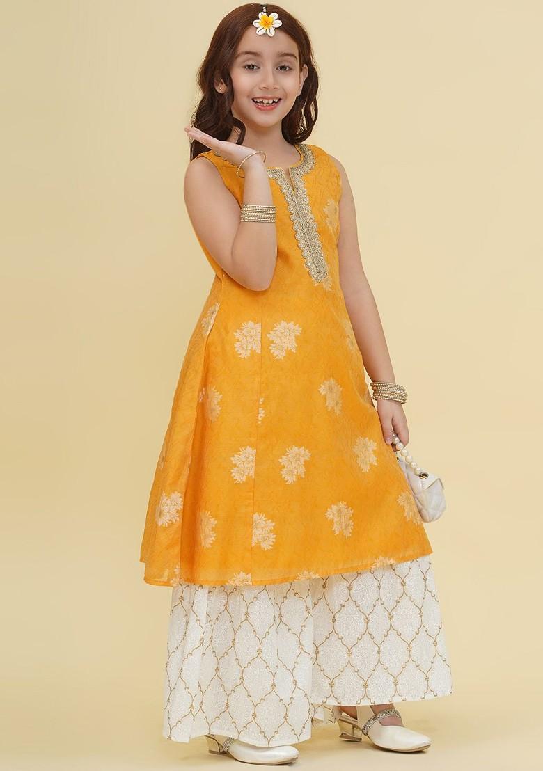 Yellow Girls Ethnic Motifs Empire Gotta Patti Kurta With Sharara