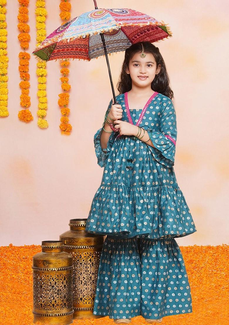 Blue Girls Ethnic Motifs Print Sequinned Anarkali Kurta With Sharara